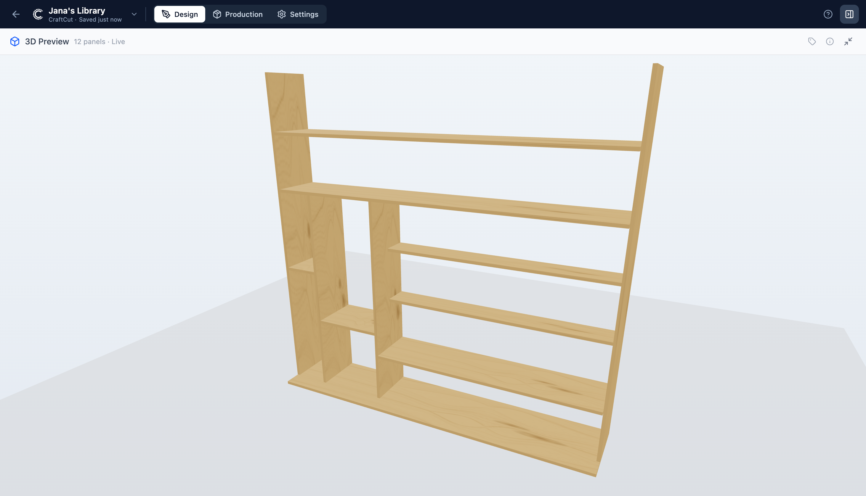 CraftCut fullscreen 3D preview of a bookshelf
