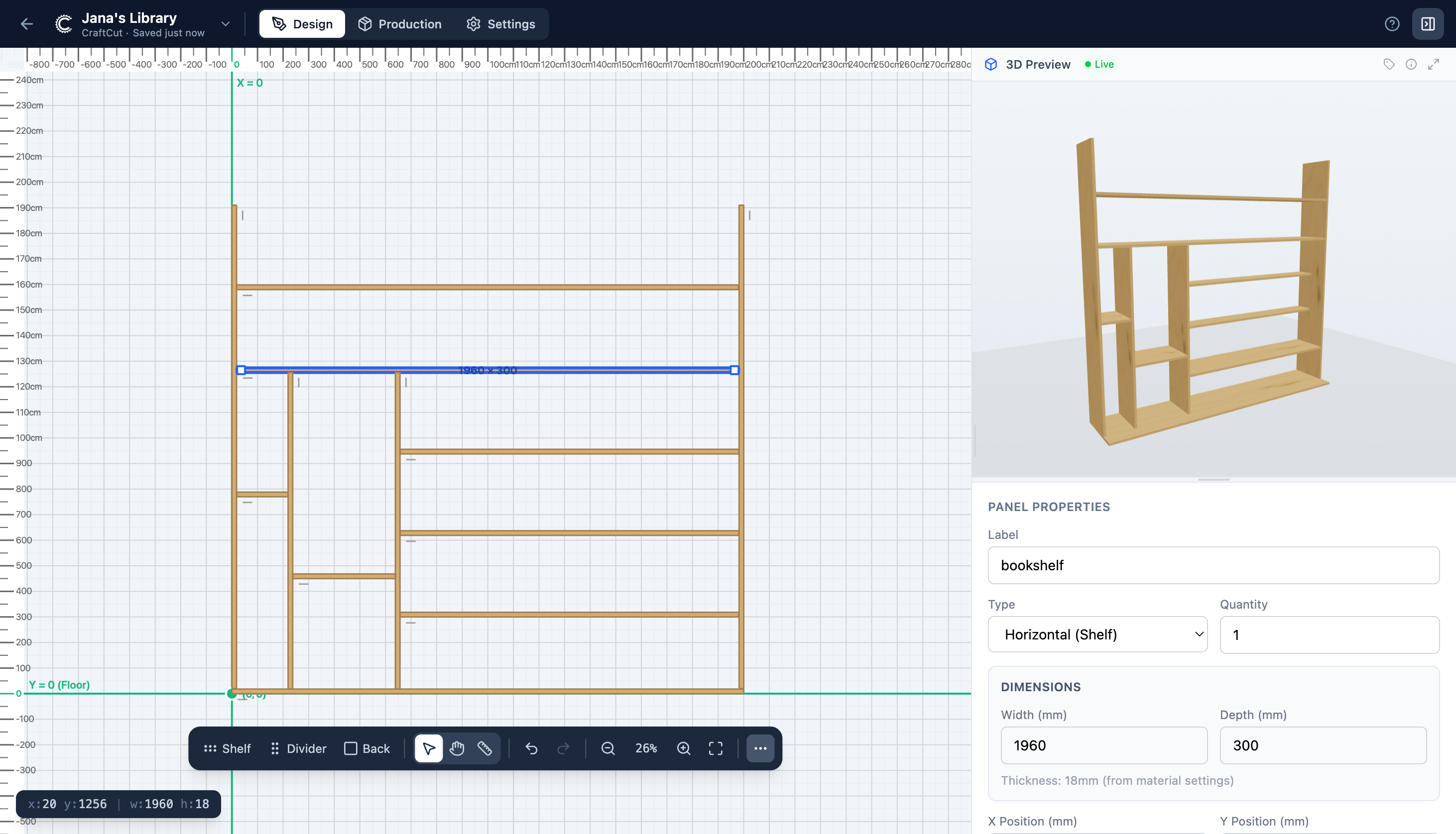 CraftCut design canvas with 2D layout, integrated 3D preview, and properties panel
