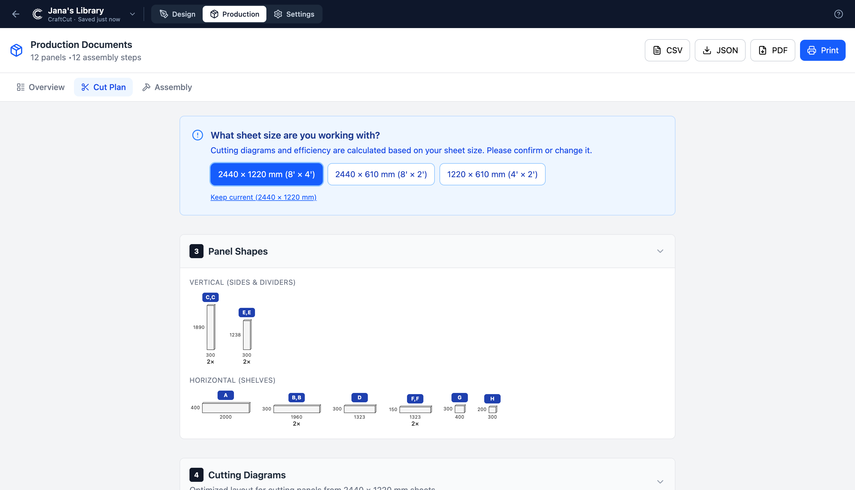 Cut plan with sheet sizes, panel shapes, and cutting diagrams