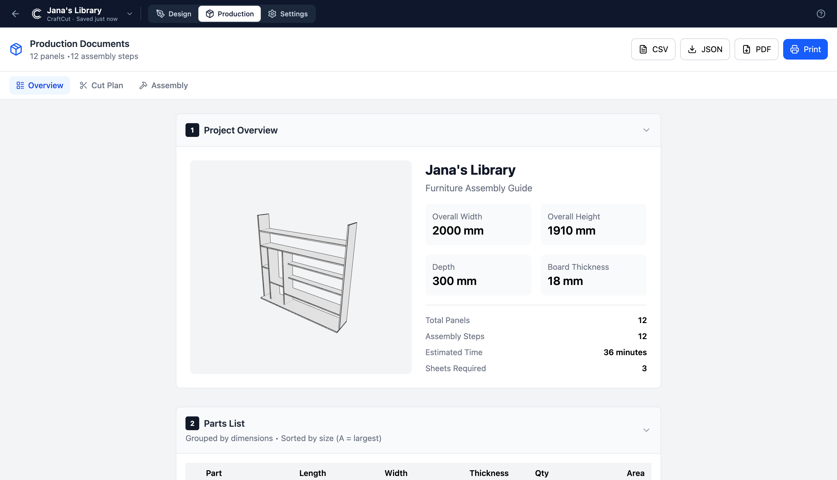 Production overview with dimensions, panel count, and time estimate